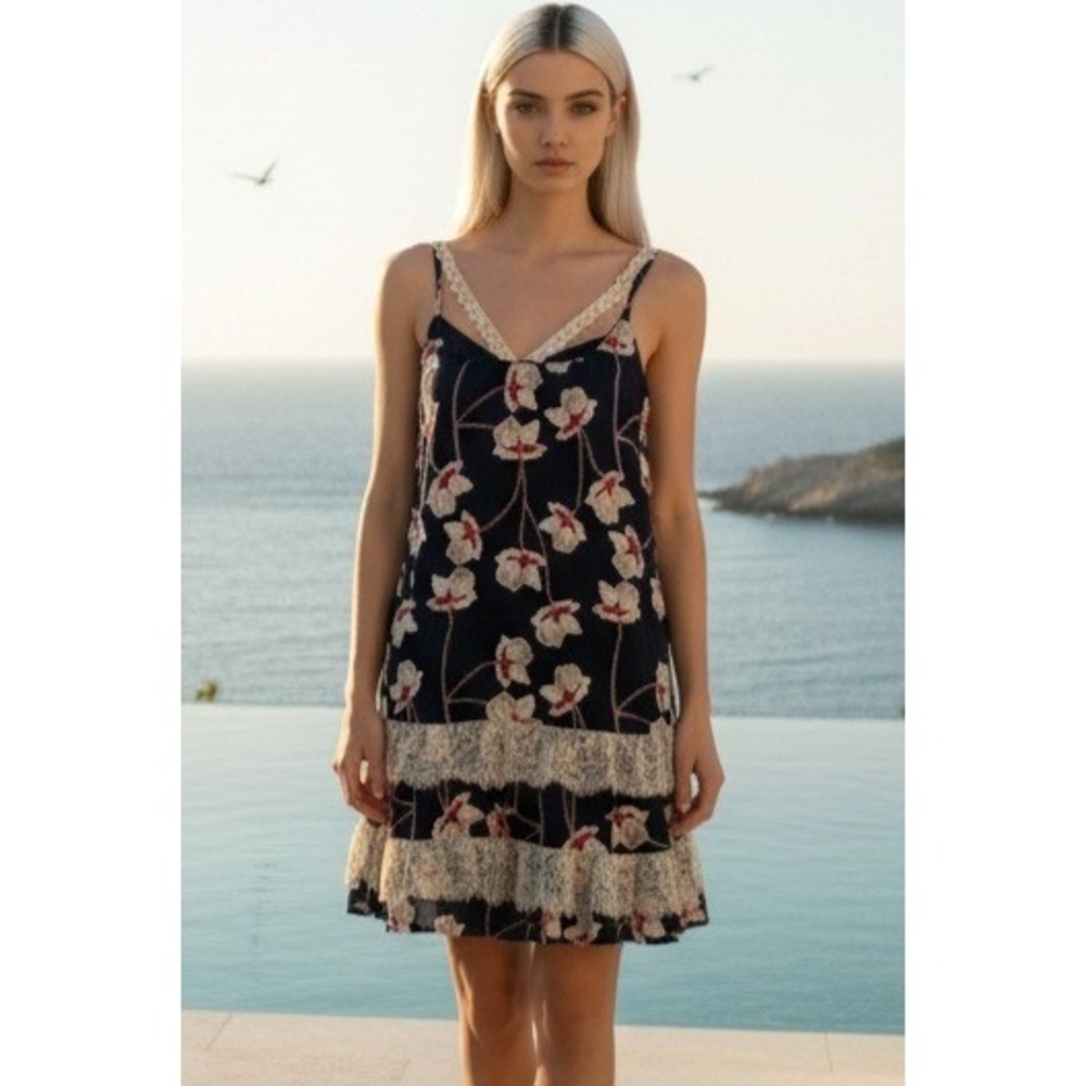 Entro Anthropologie M Floral Lace Trim‎ Tiered Mini Boho Dress Cottagecore NWT